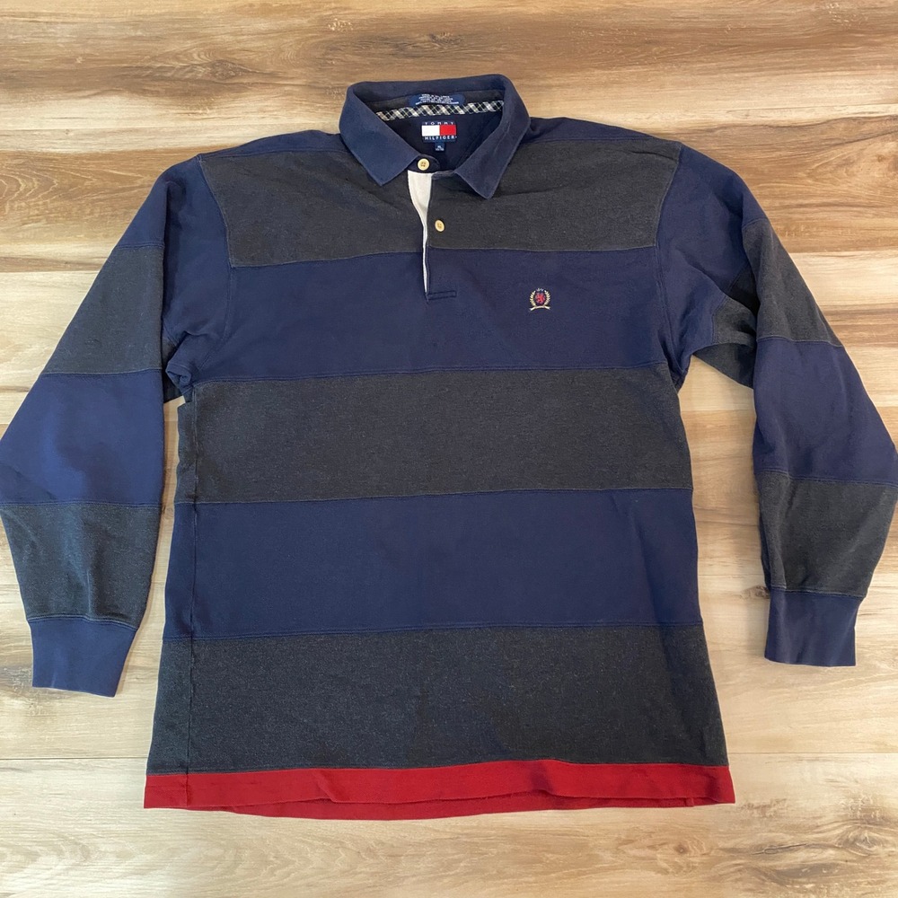 Vintage Tommy Hilfiger Mens XL Long Sleeve Rugby Shirt Striped Navy Pique Polo